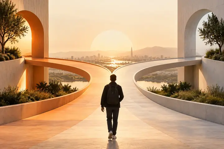A refined editorial illustration of two clean architectural pathways converging into one, representing SEO and AI search working together, warm cream background with restrained orange accents.